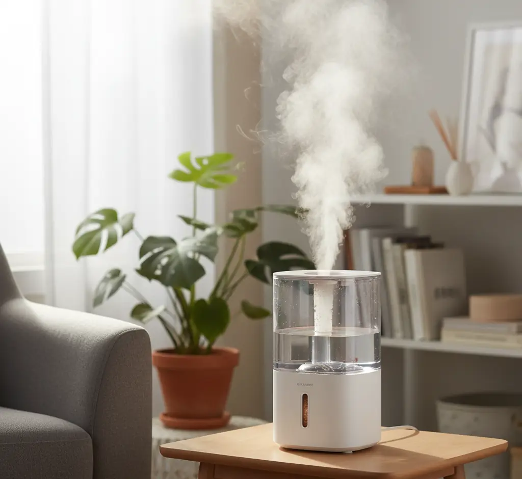 Humidifier sending up a thick plume of steam in a living room