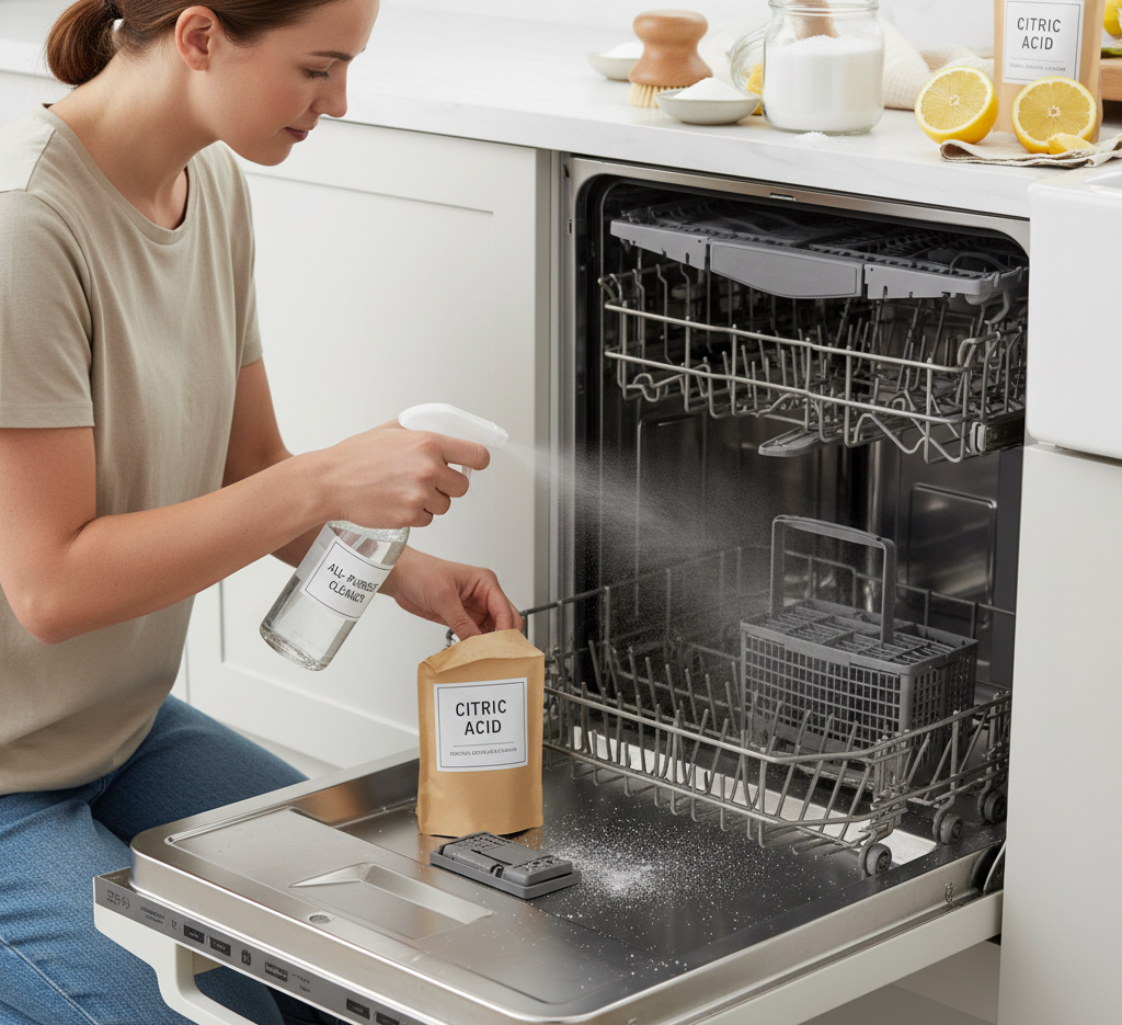 woman cleaning dishwasher with citric acid