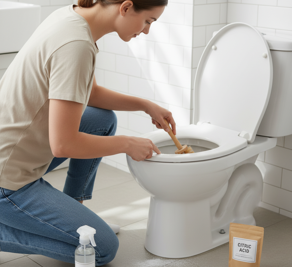 woman cleaning the toilet