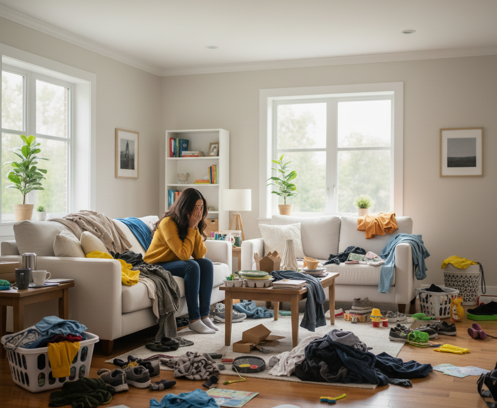 woman desperate because of her disorganized house