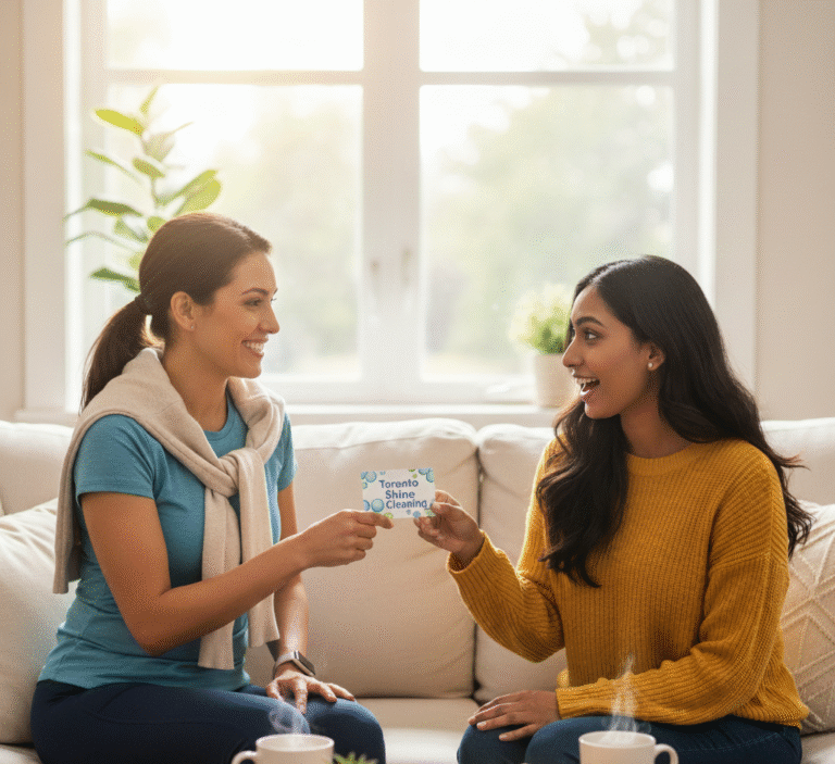 woman giving her friend a cleaning gift card