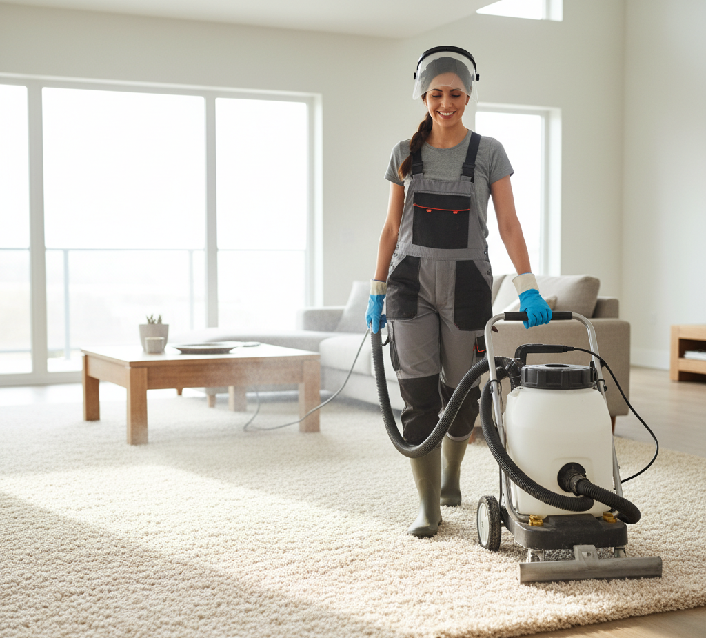 woman leaving the carpet clean