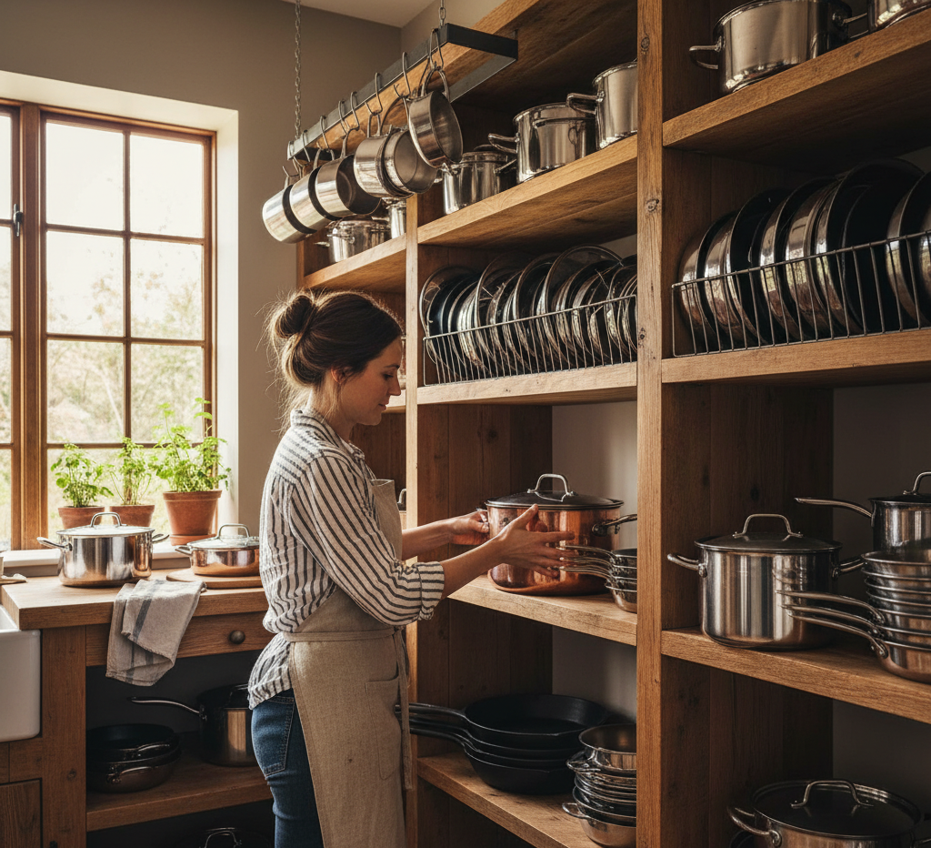 woman organizing her pots and pans
