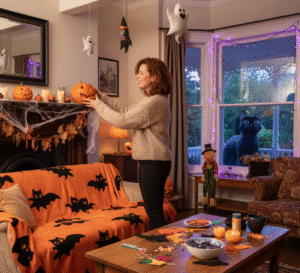 woman preparing the house for Halloween