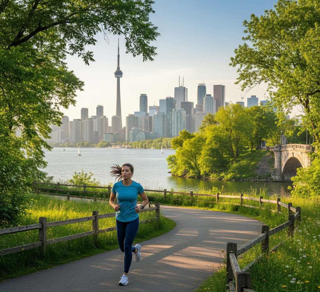 woman running in a beautiful Toronto landscape