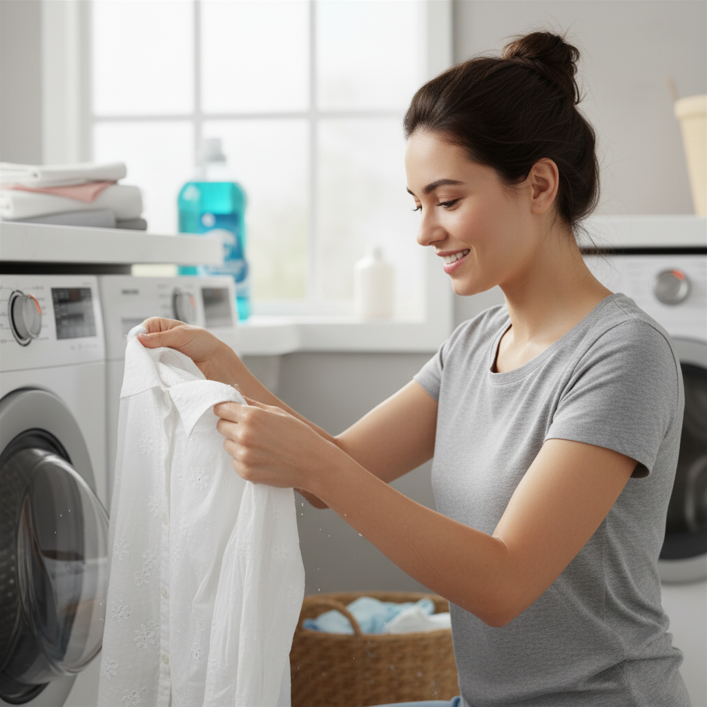 woman taking a white blouse out of the washing machine