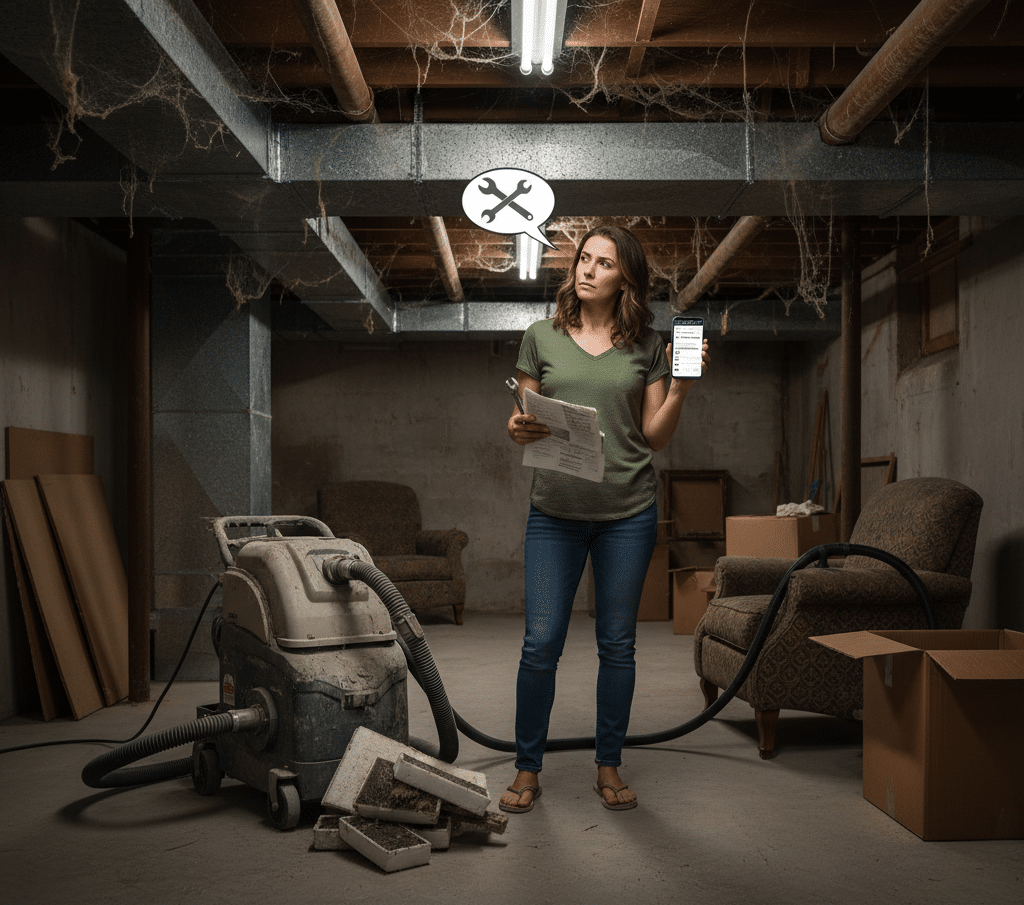 woman undecided whether to clean the ducts or call a professional