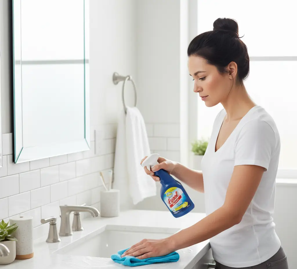 woman using lysol in the bathroom