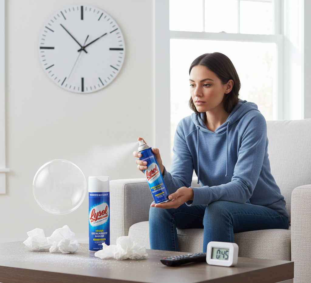woman waiting for Lysol to take effect