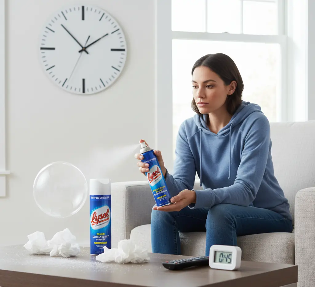 woman waiting for Lysol to take effect