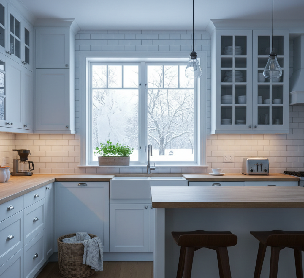 A clean and organized kitchen during winter.