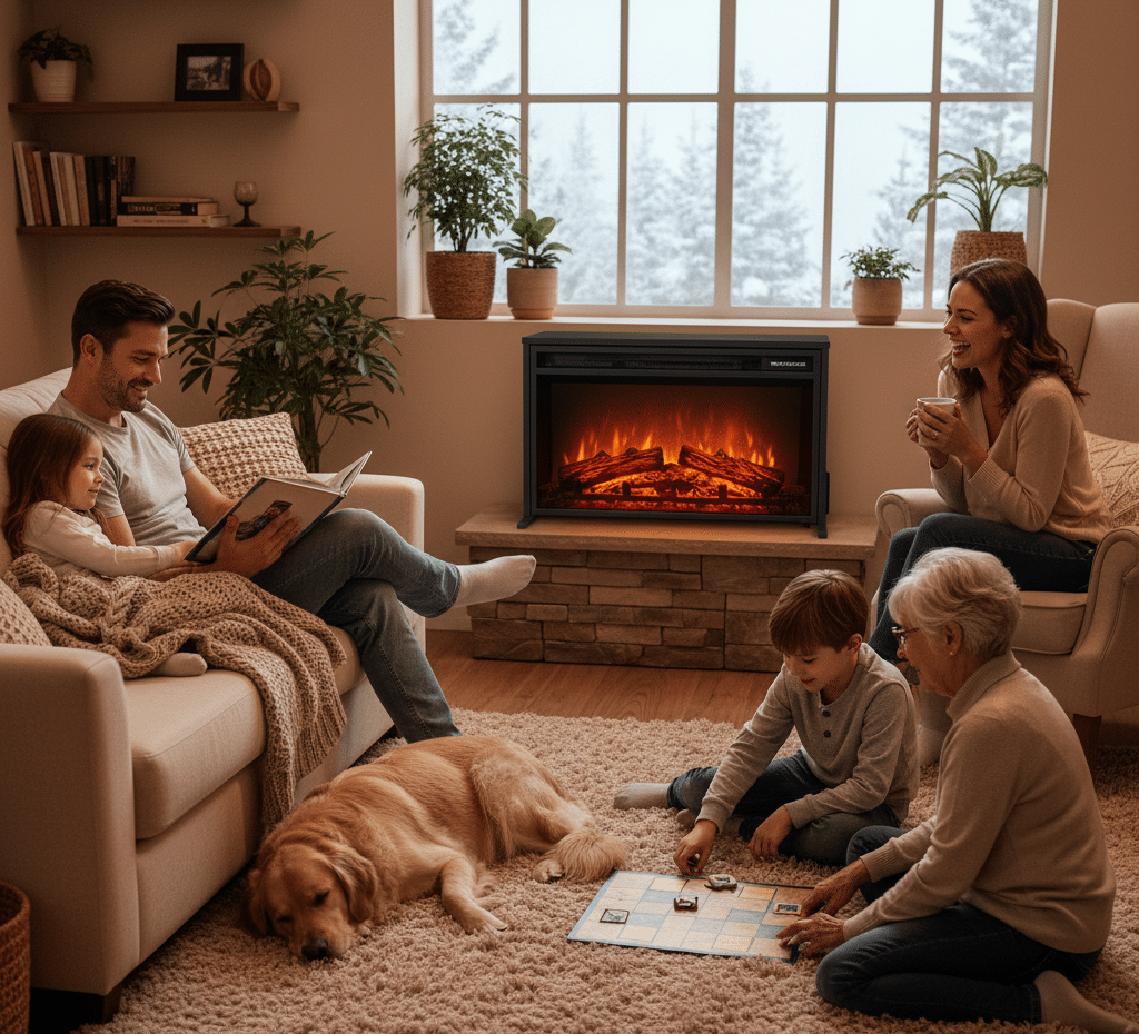 A family enjoying the comfort of home with a heater on.