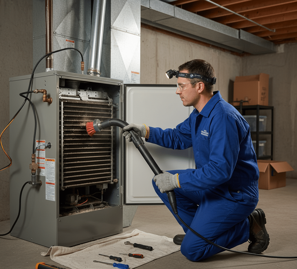 A professional performing cleaning  on a home heater.