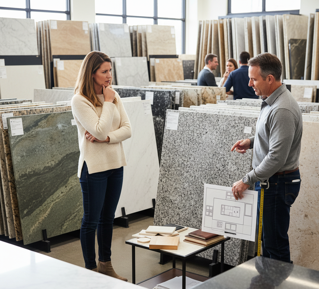 A woman is undecided about which stone she wants to take home to put on her kitchen countertop.