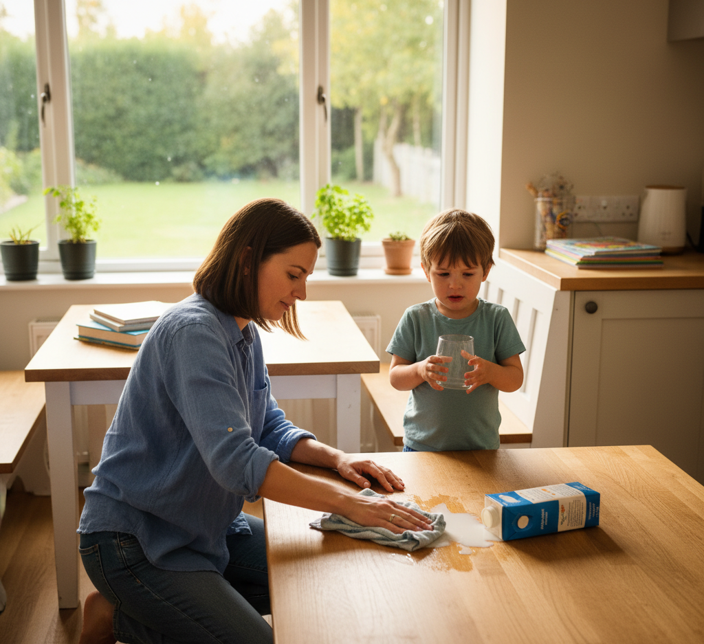 A woman is wiping up some liquid on the counter at home because her son spilled it.
