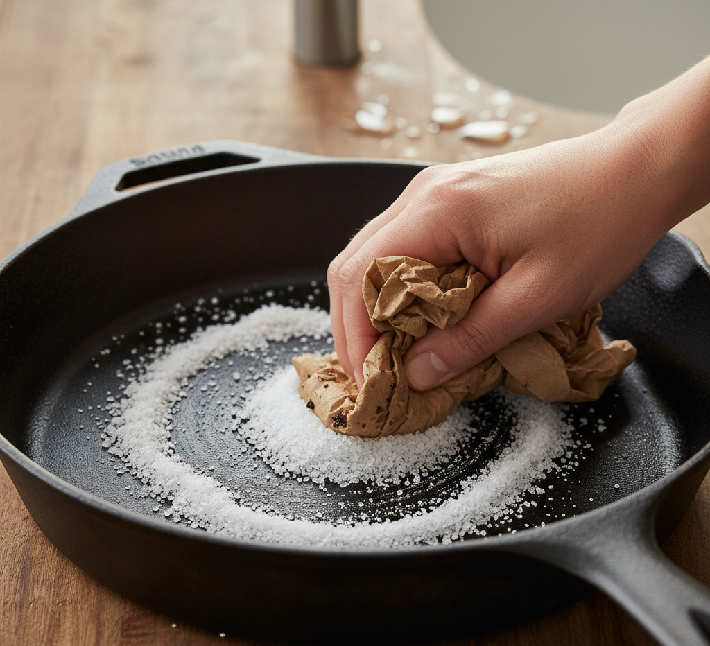 Coarse salt in cast iron pans