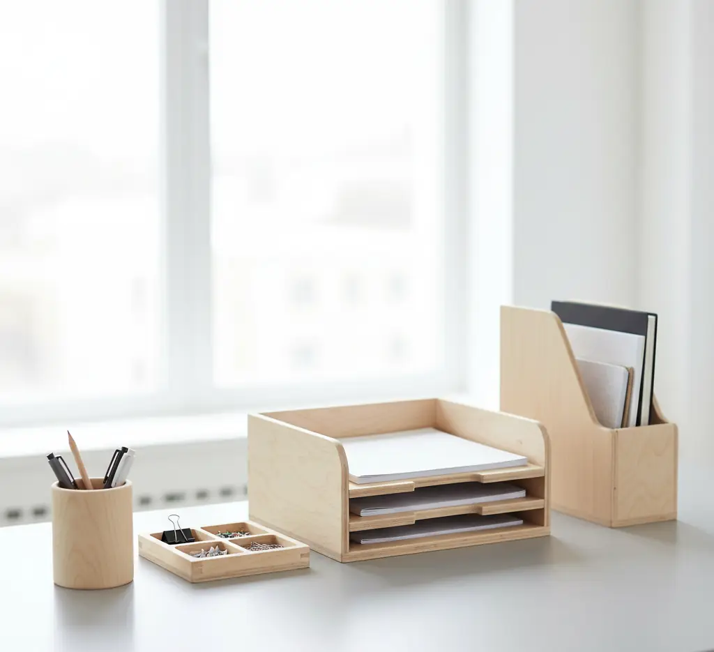 Light wood desk organizers holding paper, pens and clips by a window