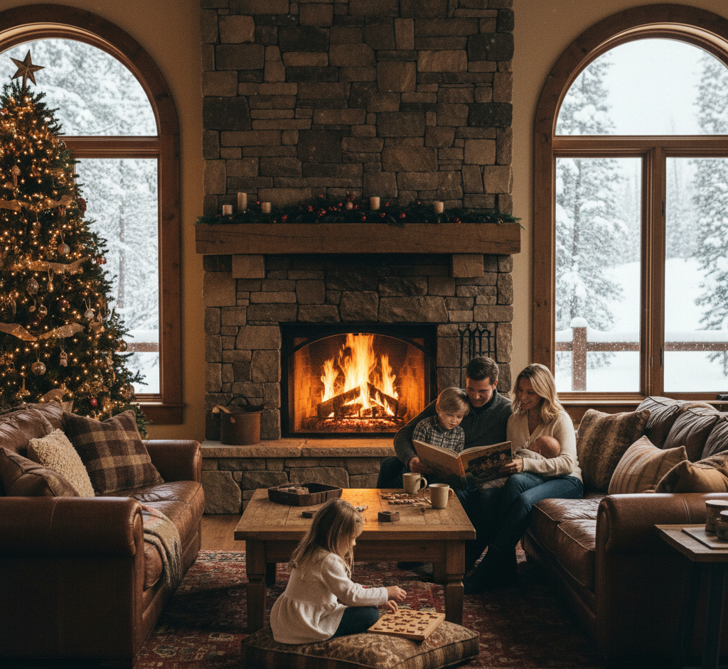 Family gathered in the living room during winter