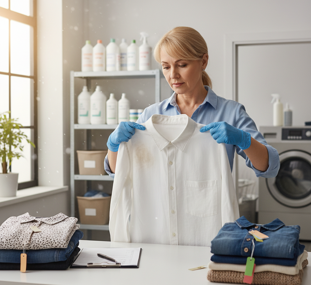 Laundry worker diagnosing customer's clothes for washing.
