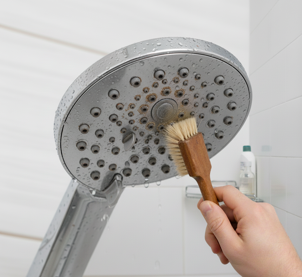 Man cleaning shower head with a bag, old brush and vinegar.