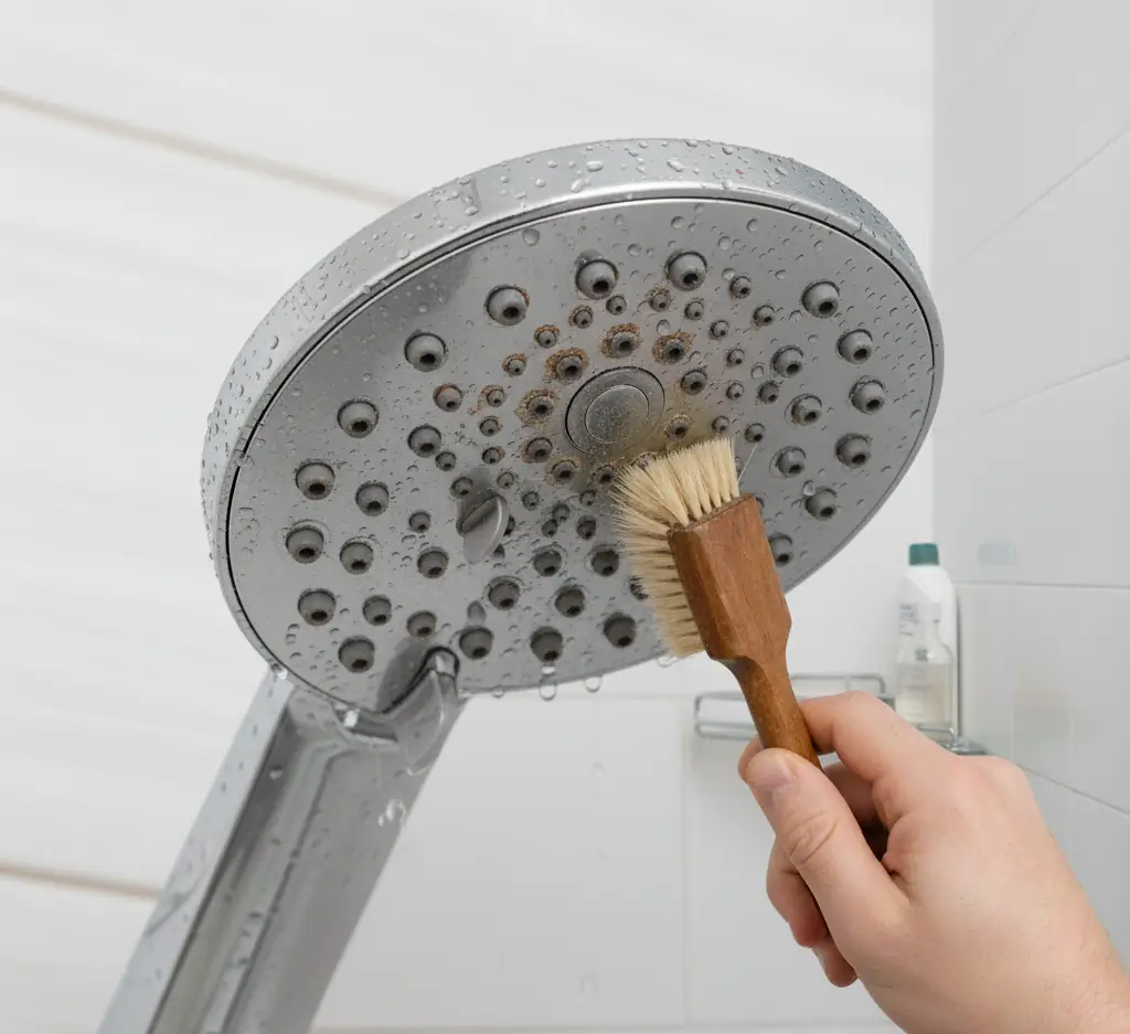 Man cleaning shower head with a bag, old brush and vinegar.