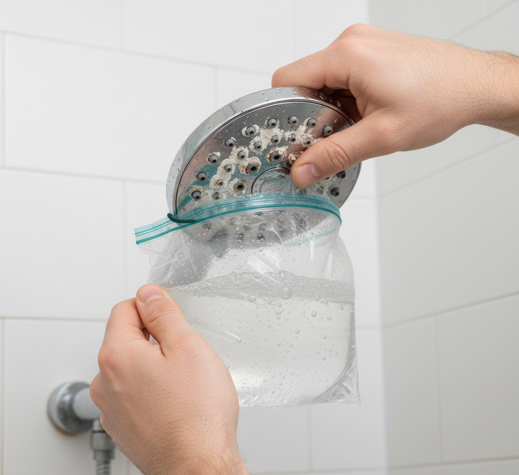 Man cleaning the shower head with a bag.