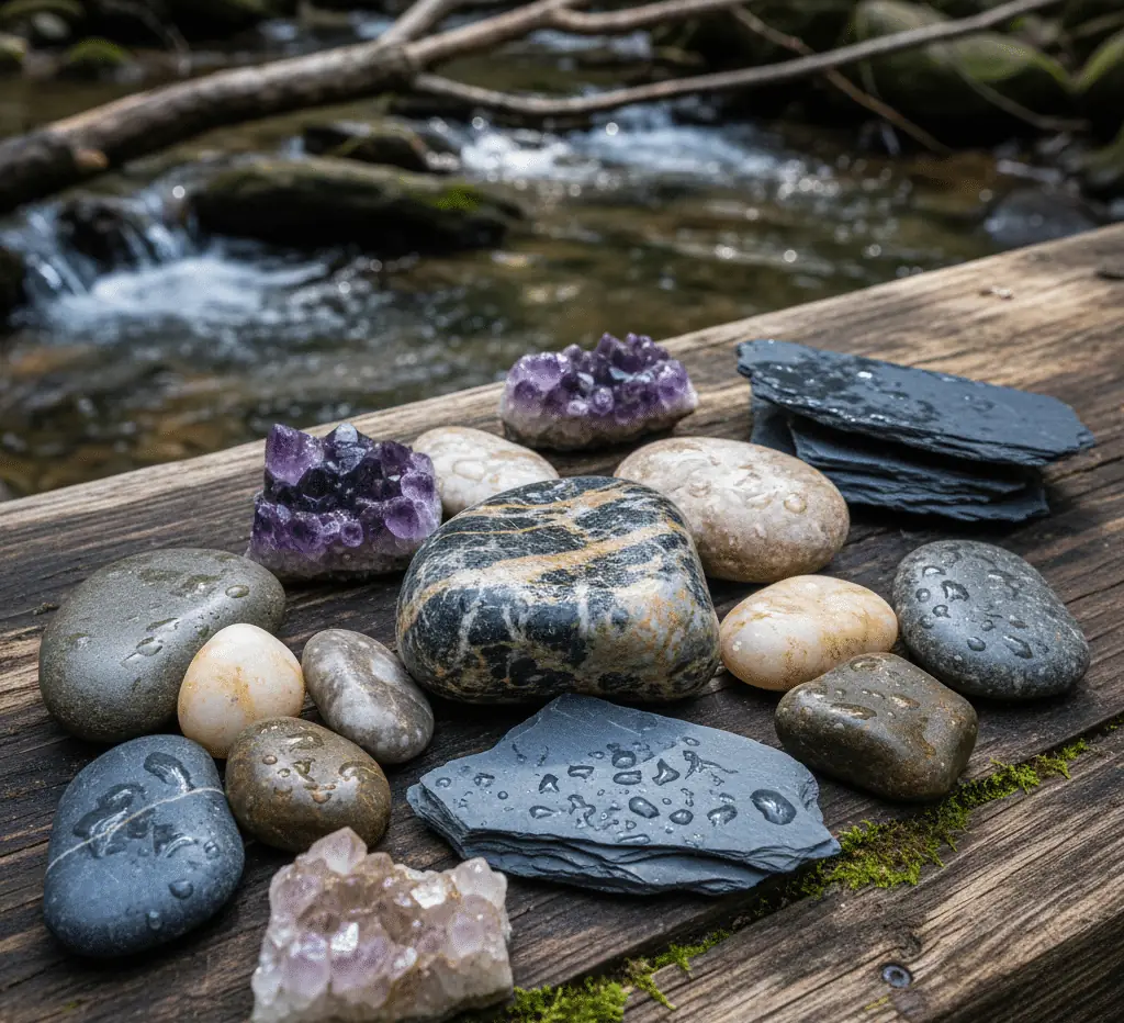Wet river stones, slate and amethyst on a wooden board by a stream