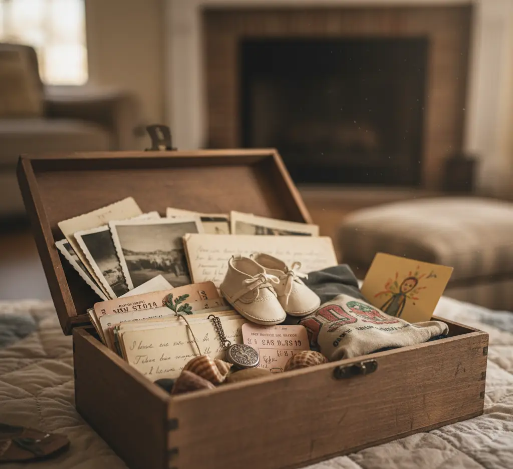 Wooden keepsake box filled with old photos, letters and baby shoes
