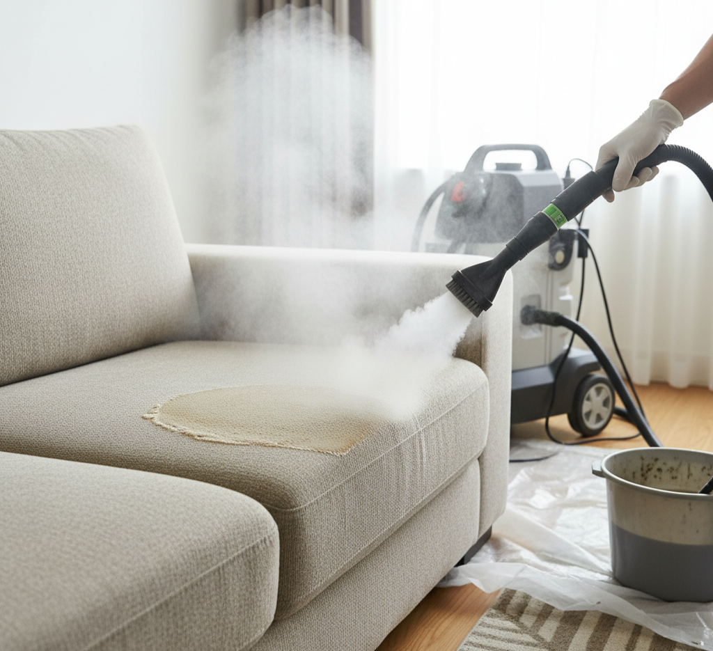 Steam cleaning on sofa