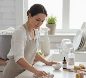 Woman cleaning the counter with pH-neutral products next to her.