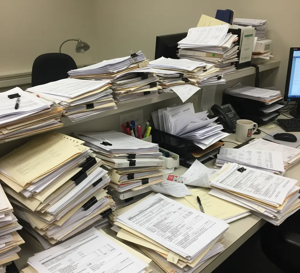 a counter full of paperwork