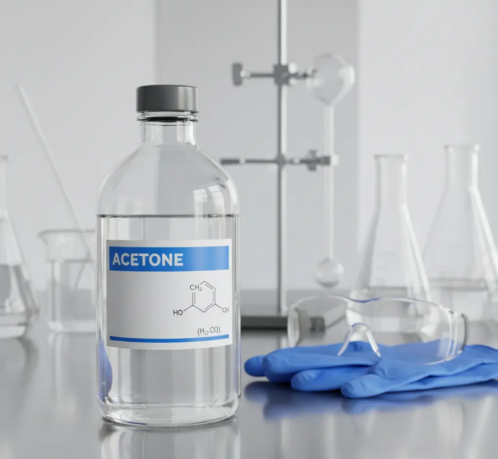Glass bottle labelled acetone beside lab flasks and blue nitrile gloves
