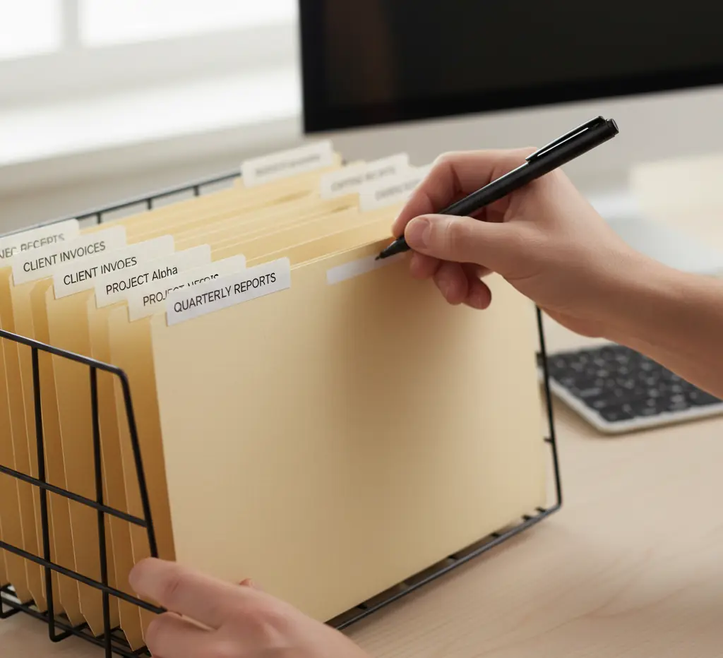 Hand writing labels on manila file folders in a wire desk rack