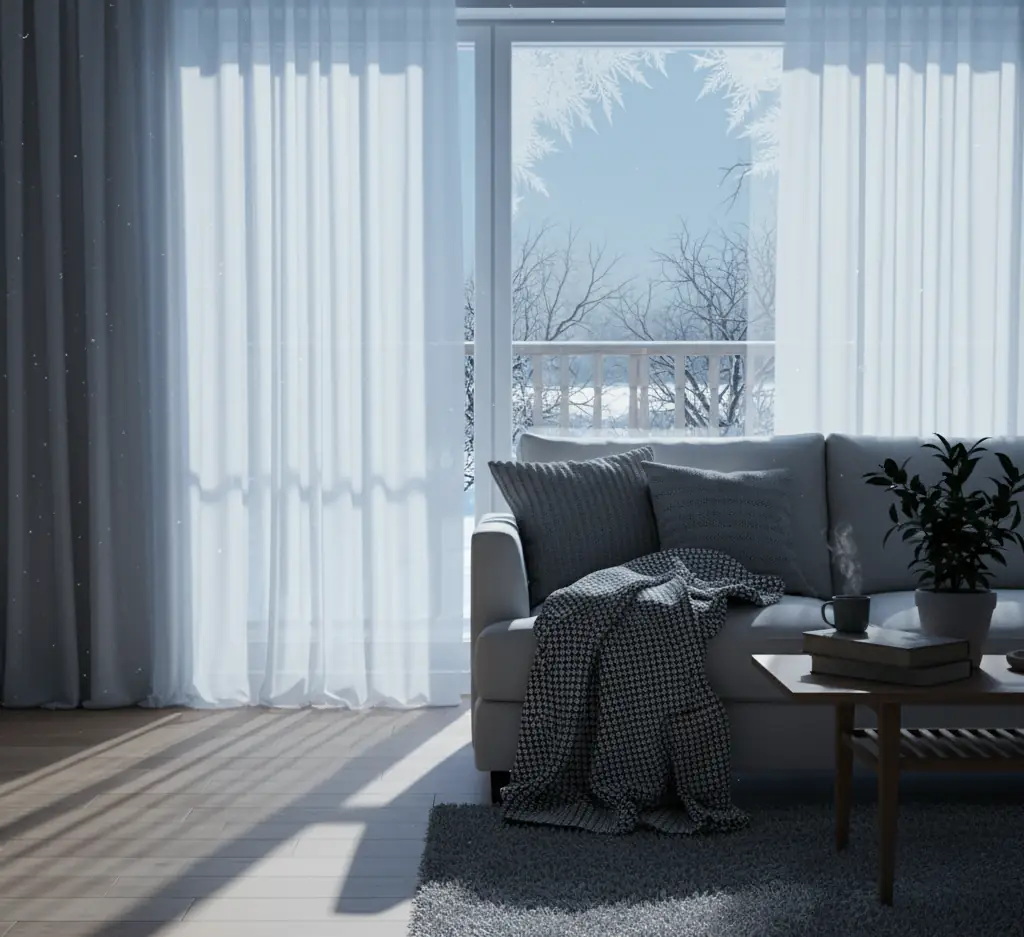 Sunlit living room with a grey sofa and sheer curtains beside a frosty window
