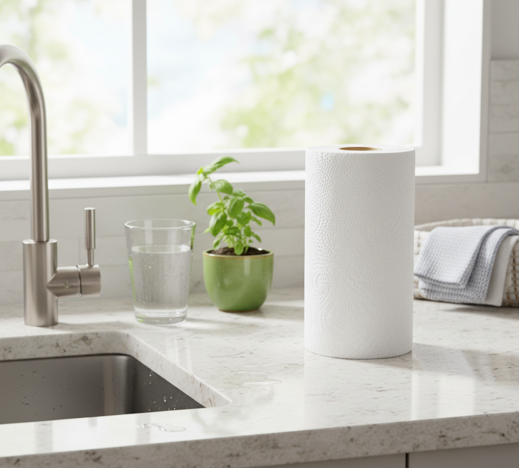 paper towels on a kitchen counter