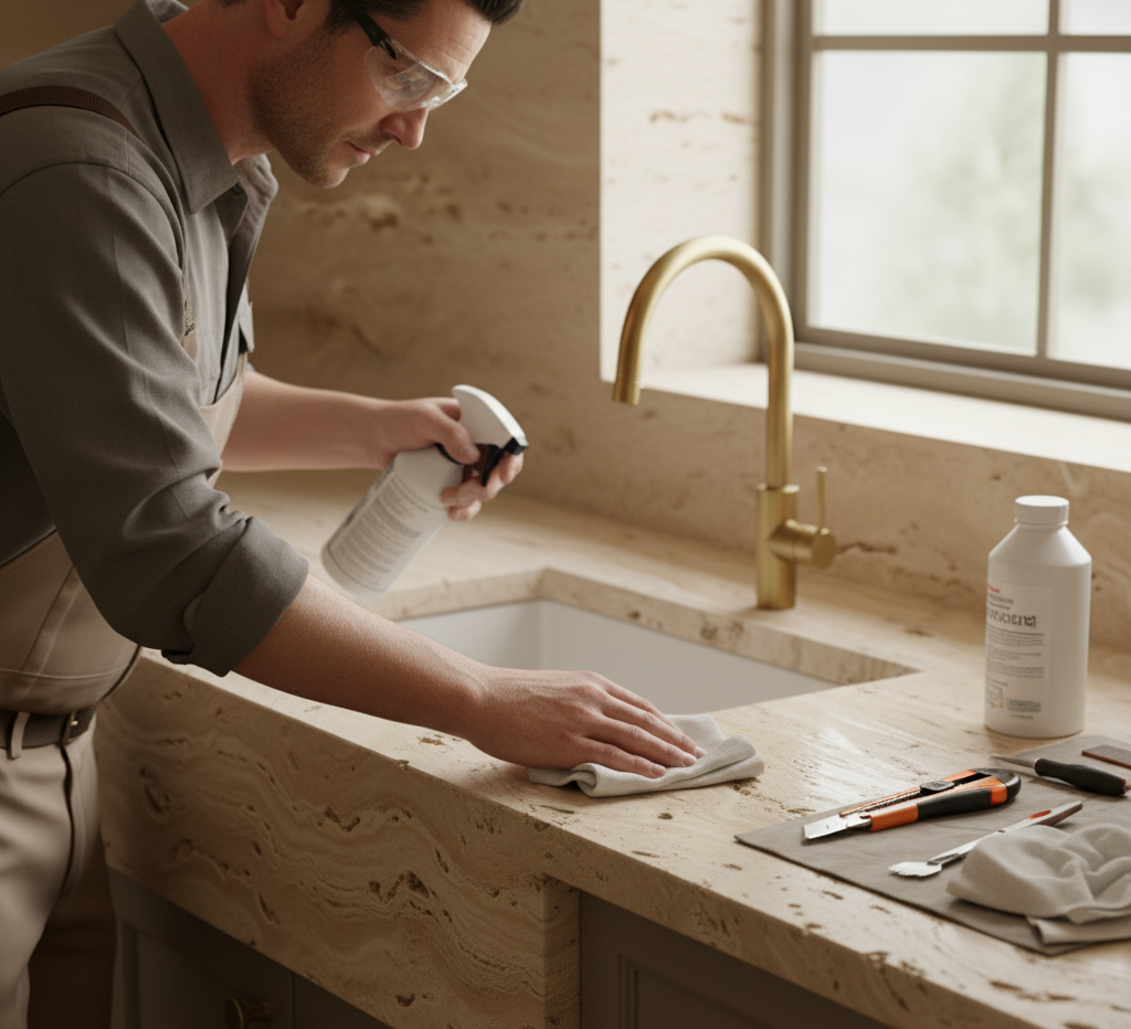 professional sealing the kitchen countertop