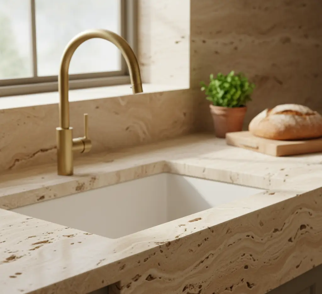 Cream travertine countertop with an undermount sink and a brass faucet
