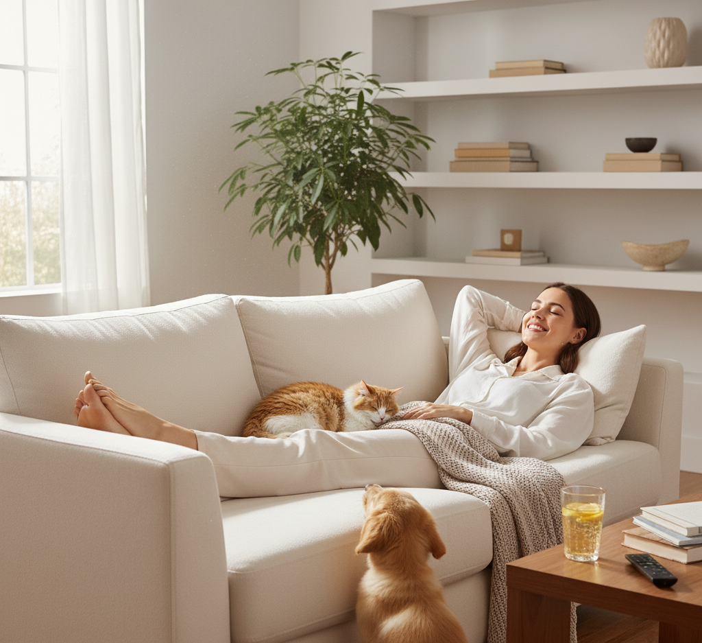 woman enjoying her clean sofa
