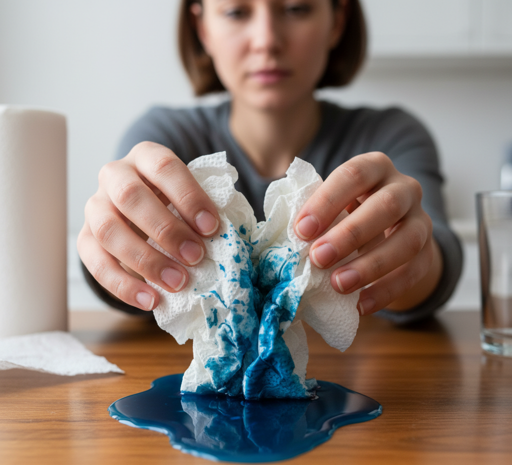 woman passing paper towel absorbing liquid