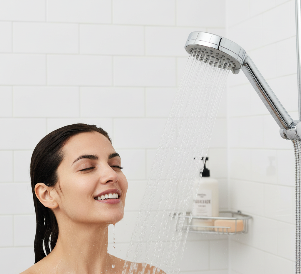 woman taking a shower with a showerhead without hard water and plenty of water coming out