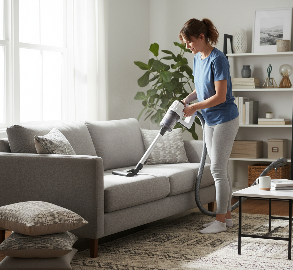woman vacuuming the sofa