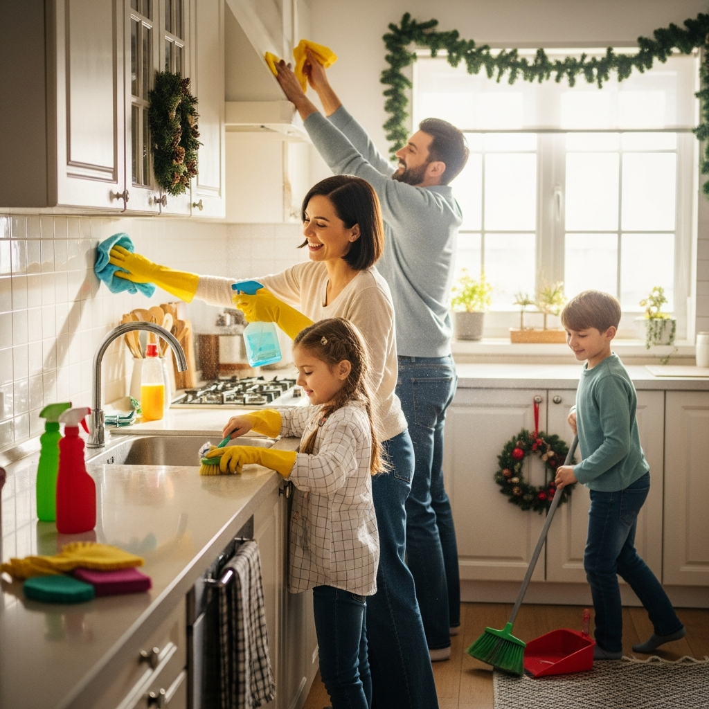 A family cleaning the kitchen for the end-of-year holidays.