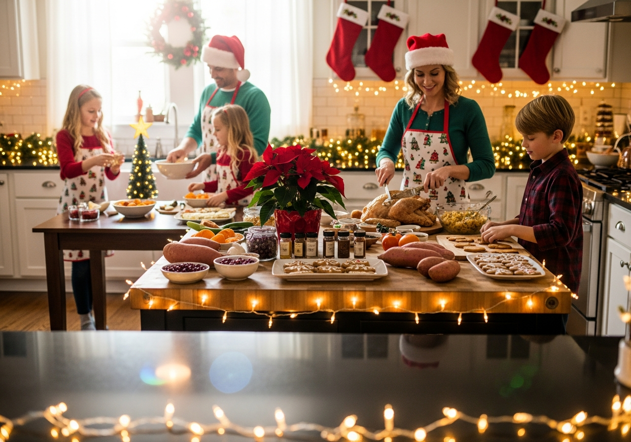 Clean kitchen floor and people preparing for Christmas dinner.