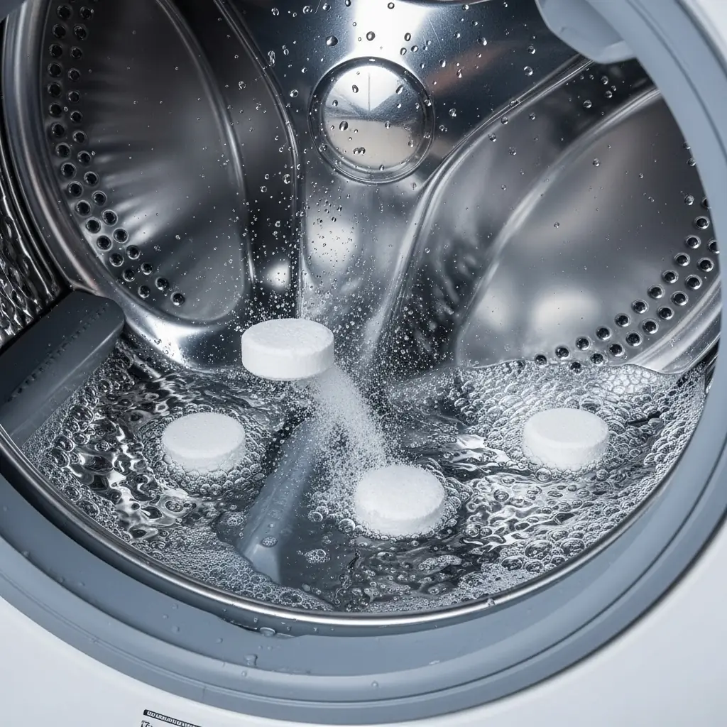 Cleaning tablets dissolving inside the drum of a washing machine