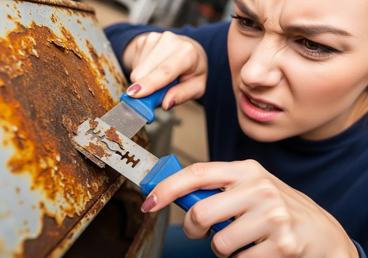 Frustrated woman because she can't use a razor blade scraper in a rusty area.