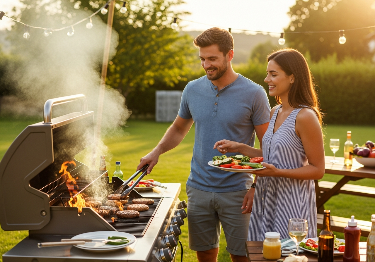 Guest and hostess using a barbecue grill.