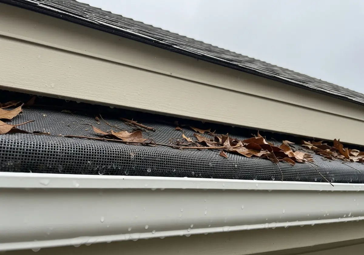 Mesh gutter guard along a roof edge with dry leaves on top