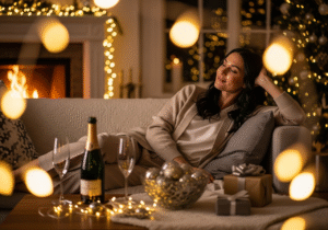 Hostess relaxing on the sofa before the New Year's Eve party.