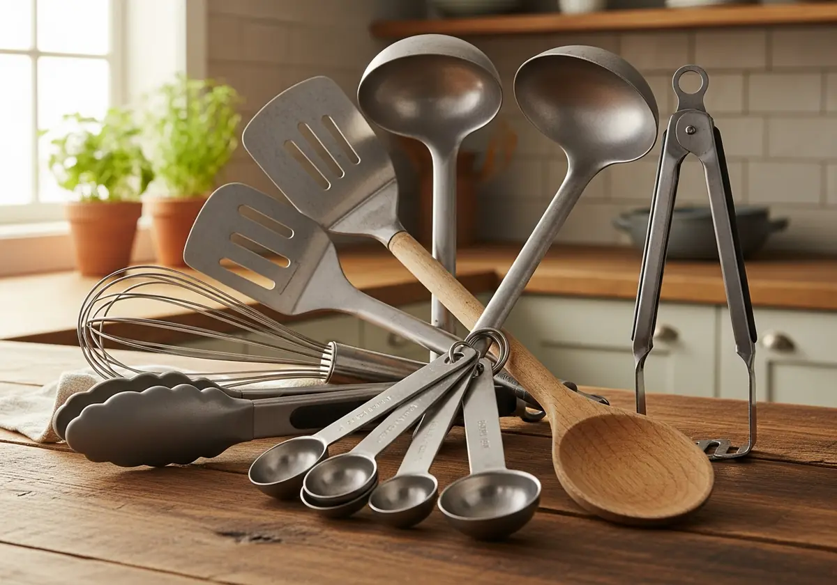 Steel ladles, spatulas, a whisk, tongs and measuring spoons on a wooden counter