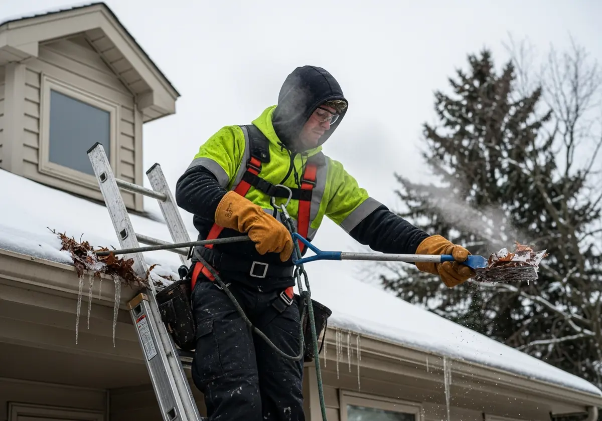 Man using protective gear while cleaning gutters in winter